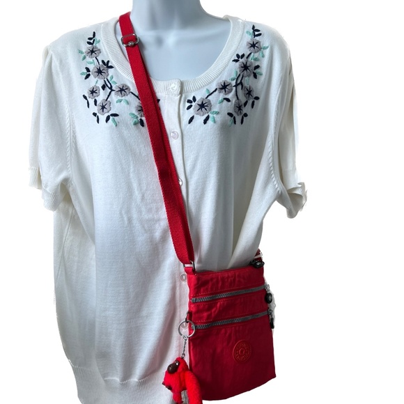 KIPLING Alvar Crossbody Bag Red w Monkey Charm 3 Zippers Mini 7" x 8" x 1" Small - Picture 2 of 7